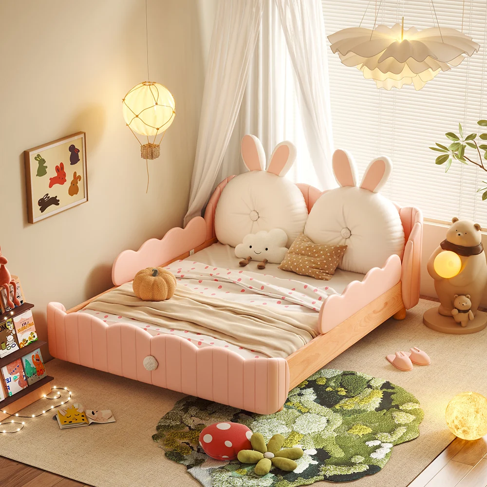 NÓVORA CASA Madera maciza Cama infantil con conejo caricatura cojín & barandal