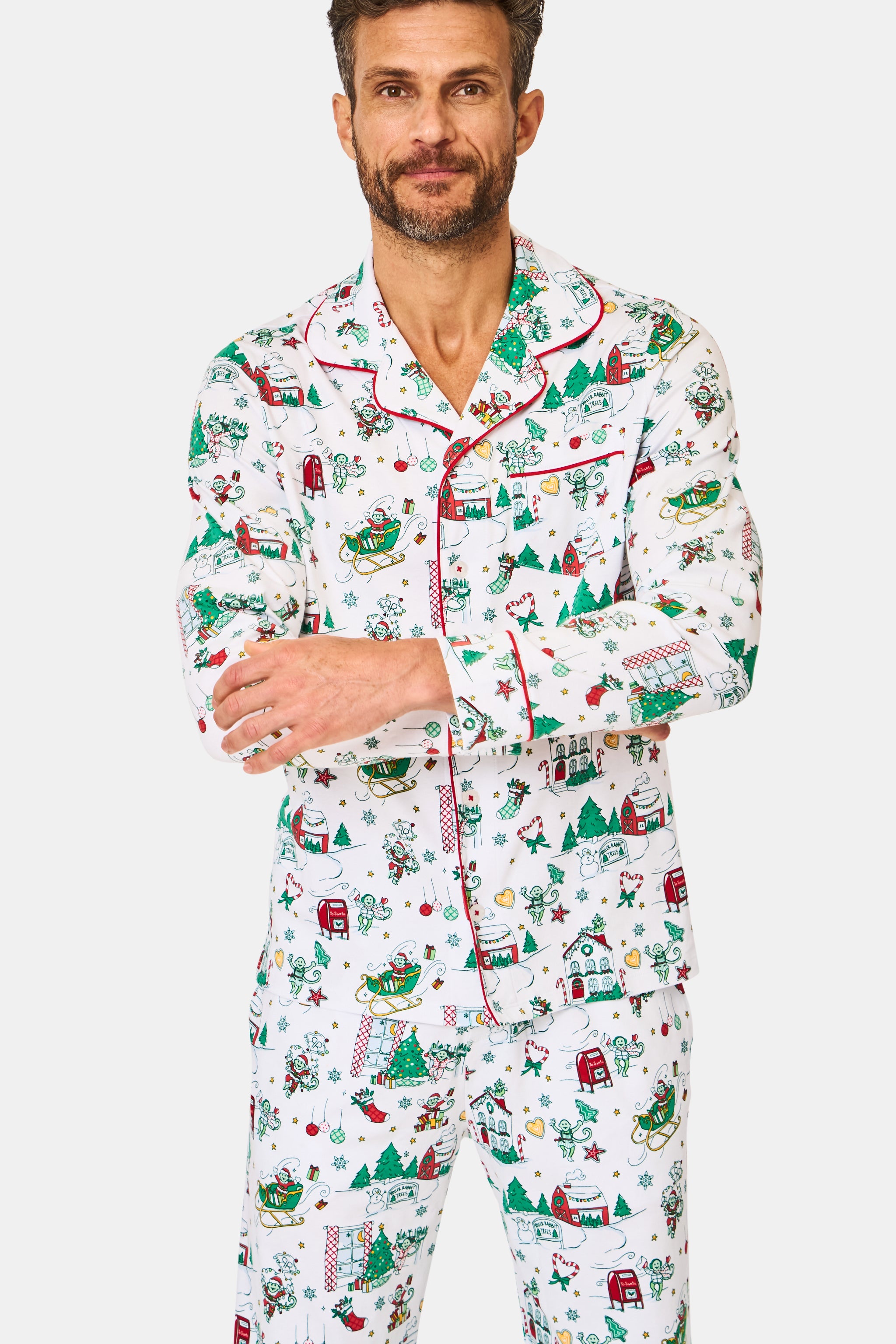 Mens Snow Village Long Sleeve Polo Pajamas