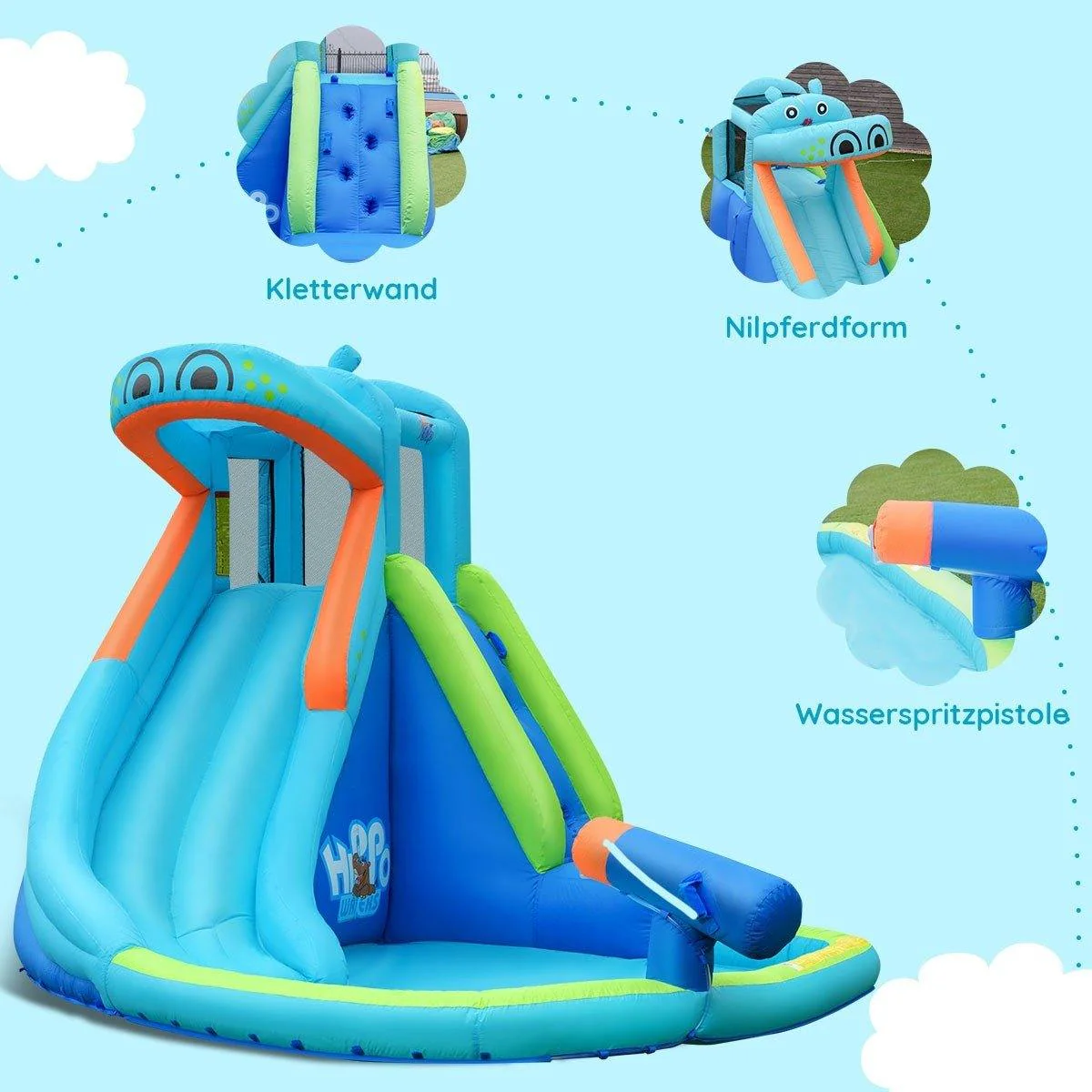 BOUNTECH Inflatable Water Slide, Hippo Themed Kids Waterslide Park for Outdoor w/Long Slide & Splash Pool