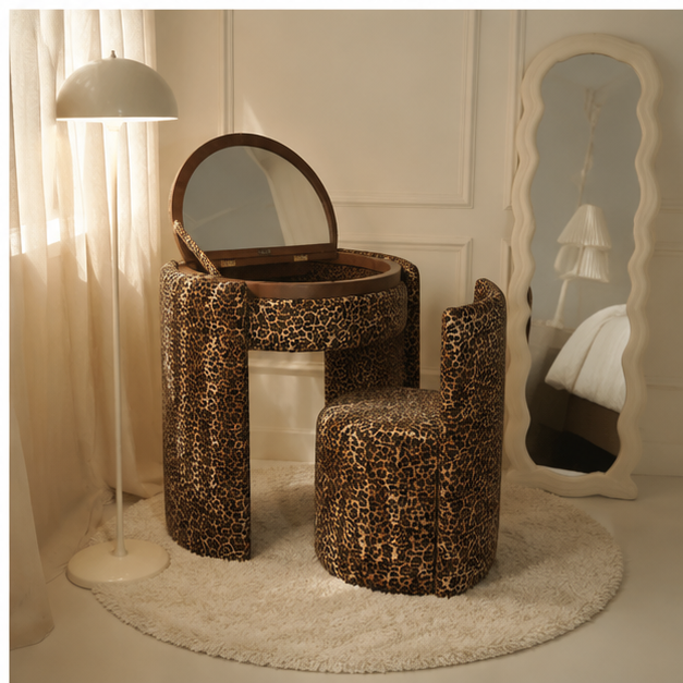 LunaNest™ | Tocador compacto tapizado con espejo y silla