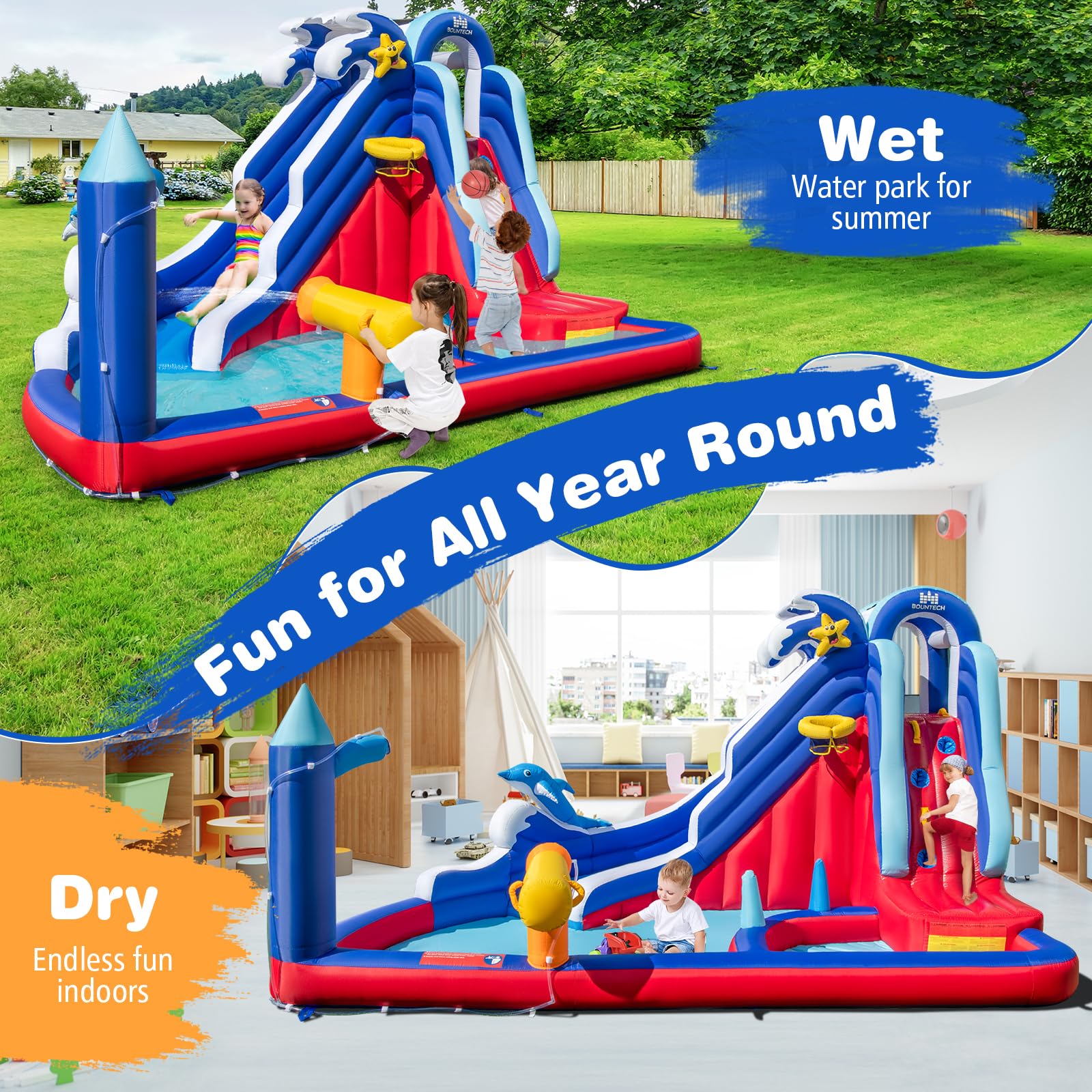 BOUNTECH Inflatable Water Slide, Dolphin Themed Kids Waterslide Park for Outdoor Fun