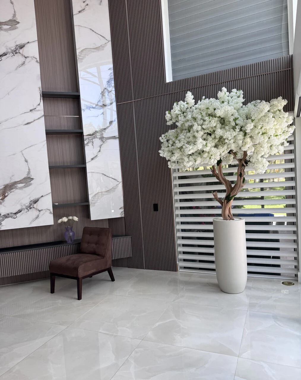 Matte Beige St. Tropez Planter with Custom Made White Cherry Blossom Tree