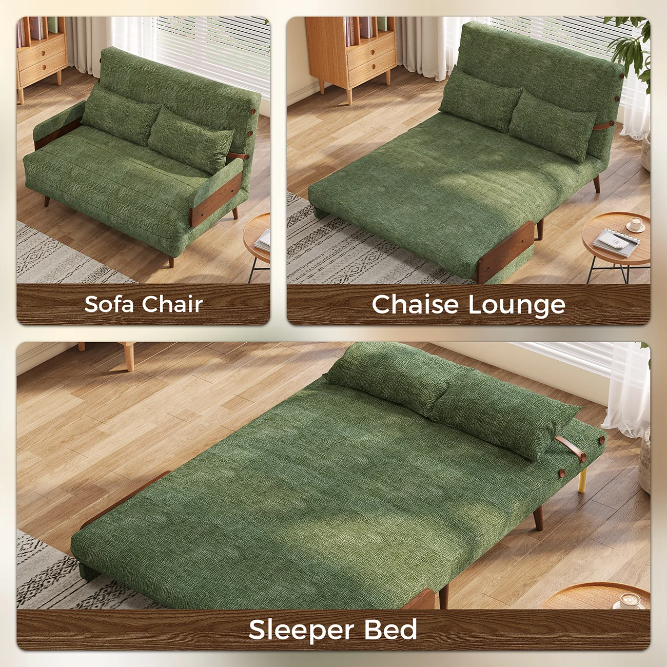 NÓVORA CASA mediados siglo Moderno Verde Sofá cama transformable para pequeño espacios| individual cama sofá con madera brazos