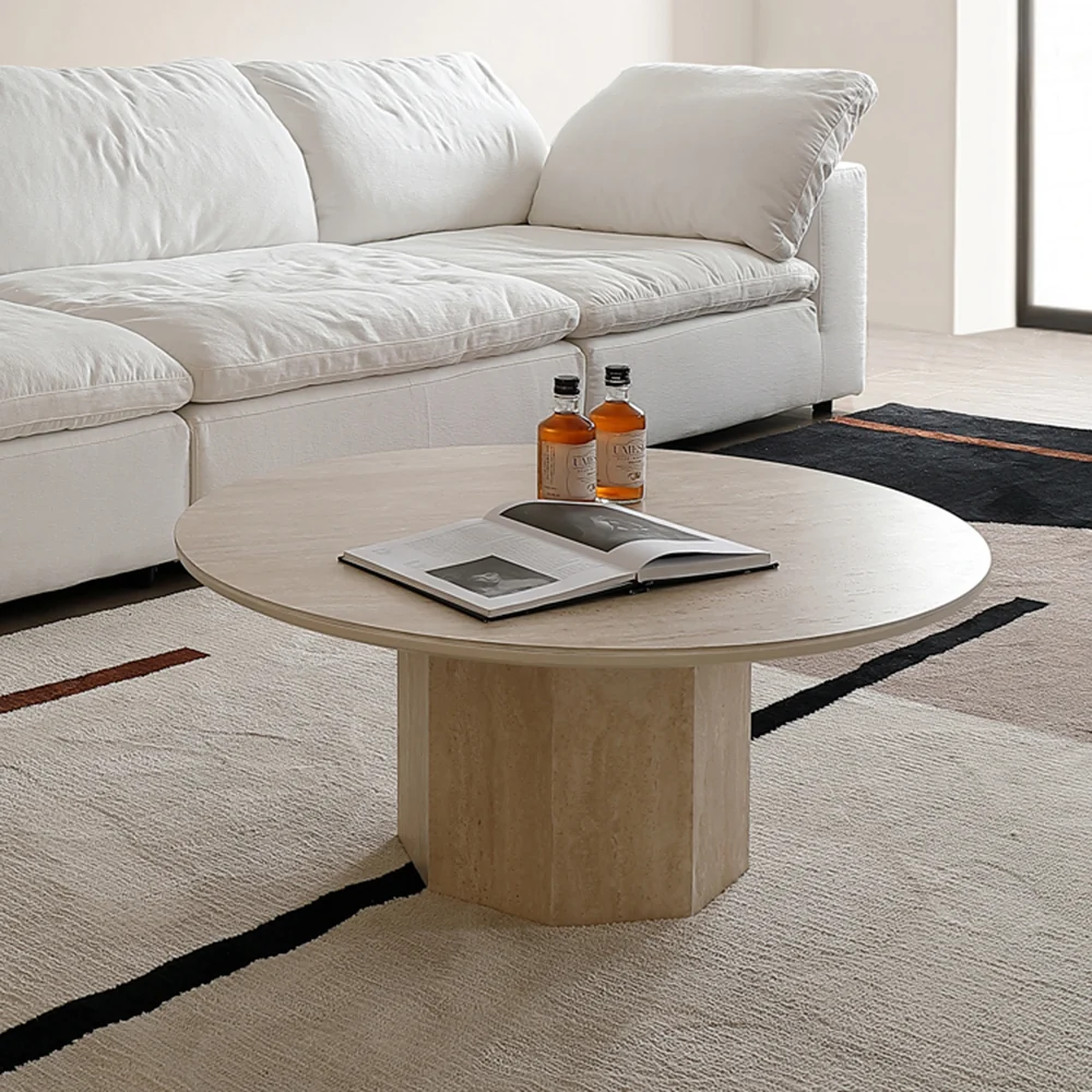 NÓVORA CASA Japandi Redondo Mesa de centro- Beige travertino & premium madera