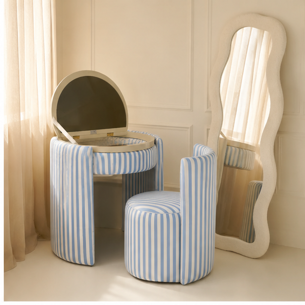 LunaNest™ | Tocador compacto tapizado con espejo y silla