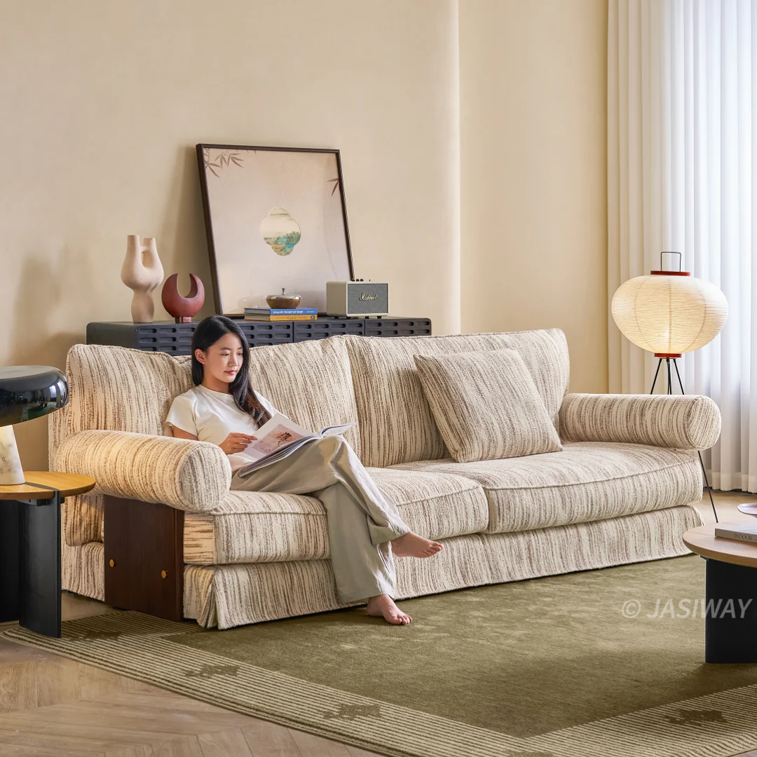 JASIWAY texturizado lino mezcla sofá– Minimalista Crema Blanco Tapizado sofá con Madera maciza detalle| cómodo Sala asiento
