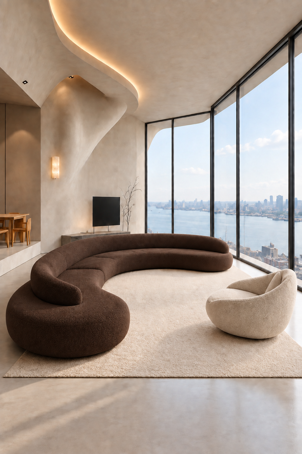 CurvaCasa · 1 sofá curvo + 1 sillón · Café espresso · visualización IA