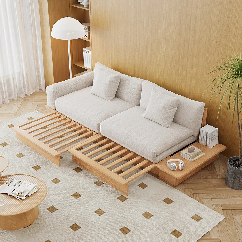 NÓVORA CASA piso plataforma madera estructura Sofá cama– de doble cara reposabrazos, pana o lino mezcla tapizado
