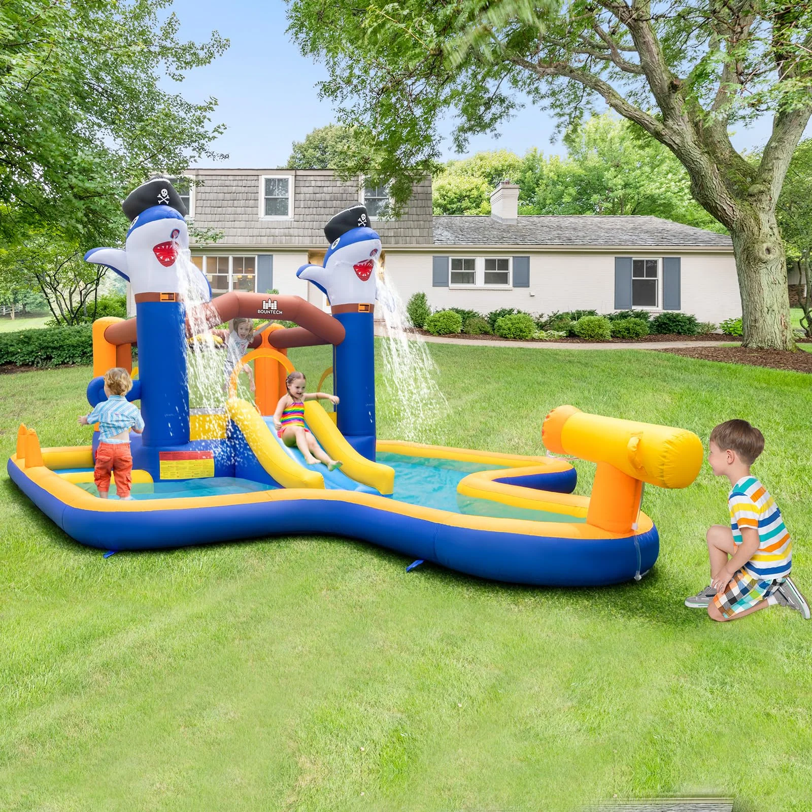 BOUNTECH Inflatable Water Slide, Shark Themed Water Bounce House with Slide for Kids Backyard Fun