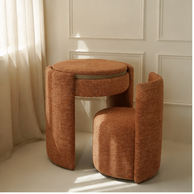 LunaNest™ | Tocador compacto tapizado con espejo y silla