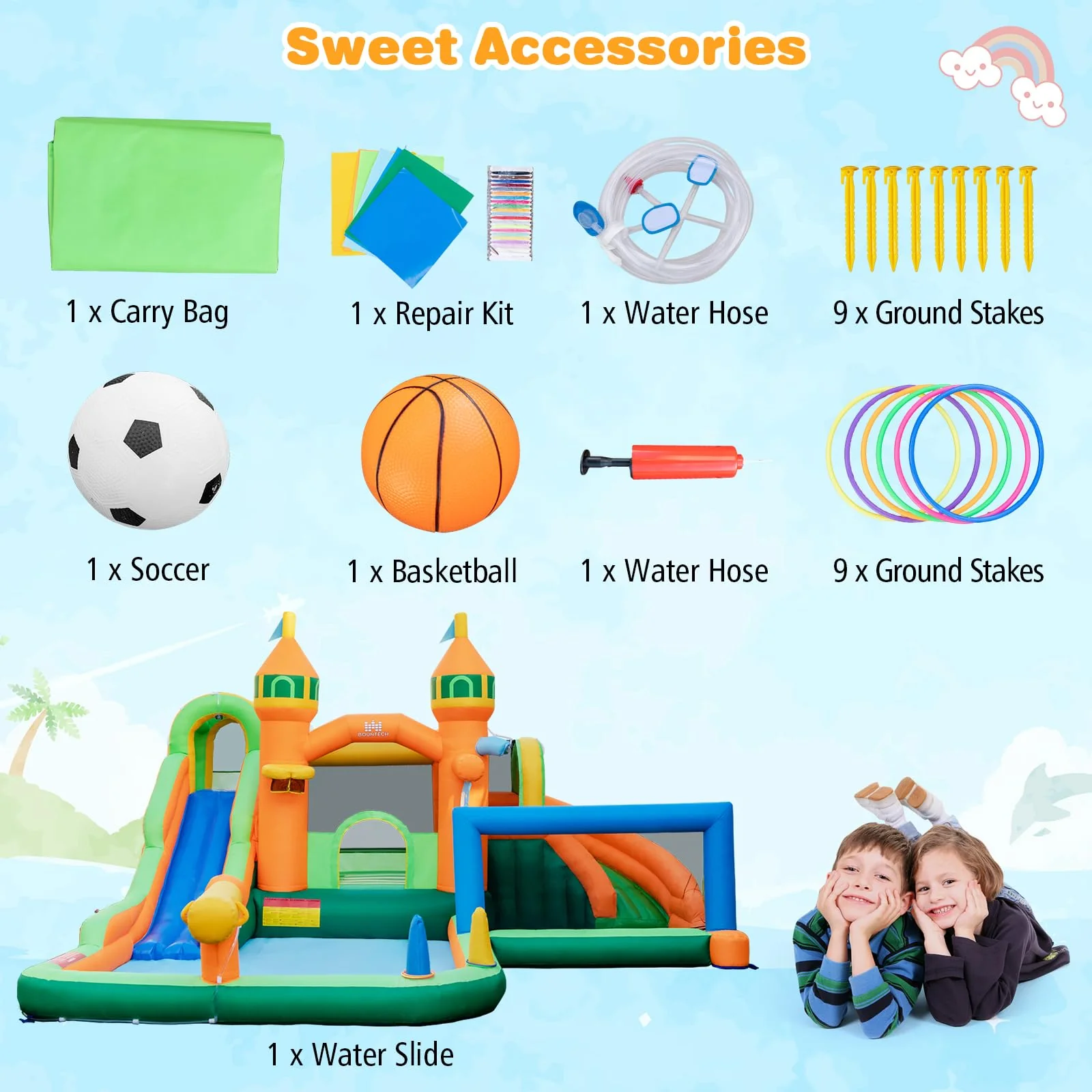 BOUNTECH Inflatable Water Slide Park, 9 in 1 Mega Waterslide Bounce House for Outdoor w/Dual Slides