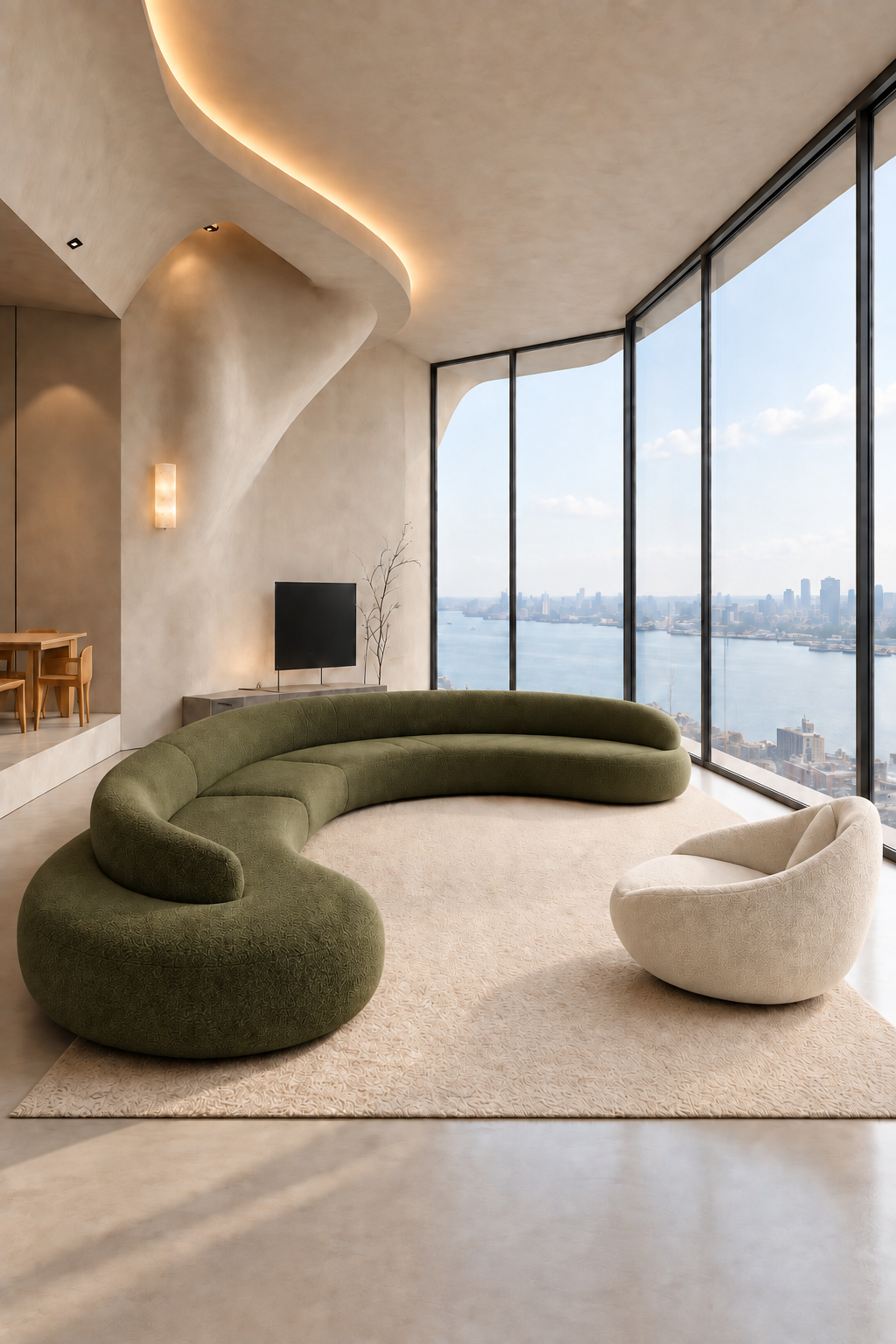 CurvaCasa · 1 sofá curvo + 1 sillón · Verde oliva · visualización IA