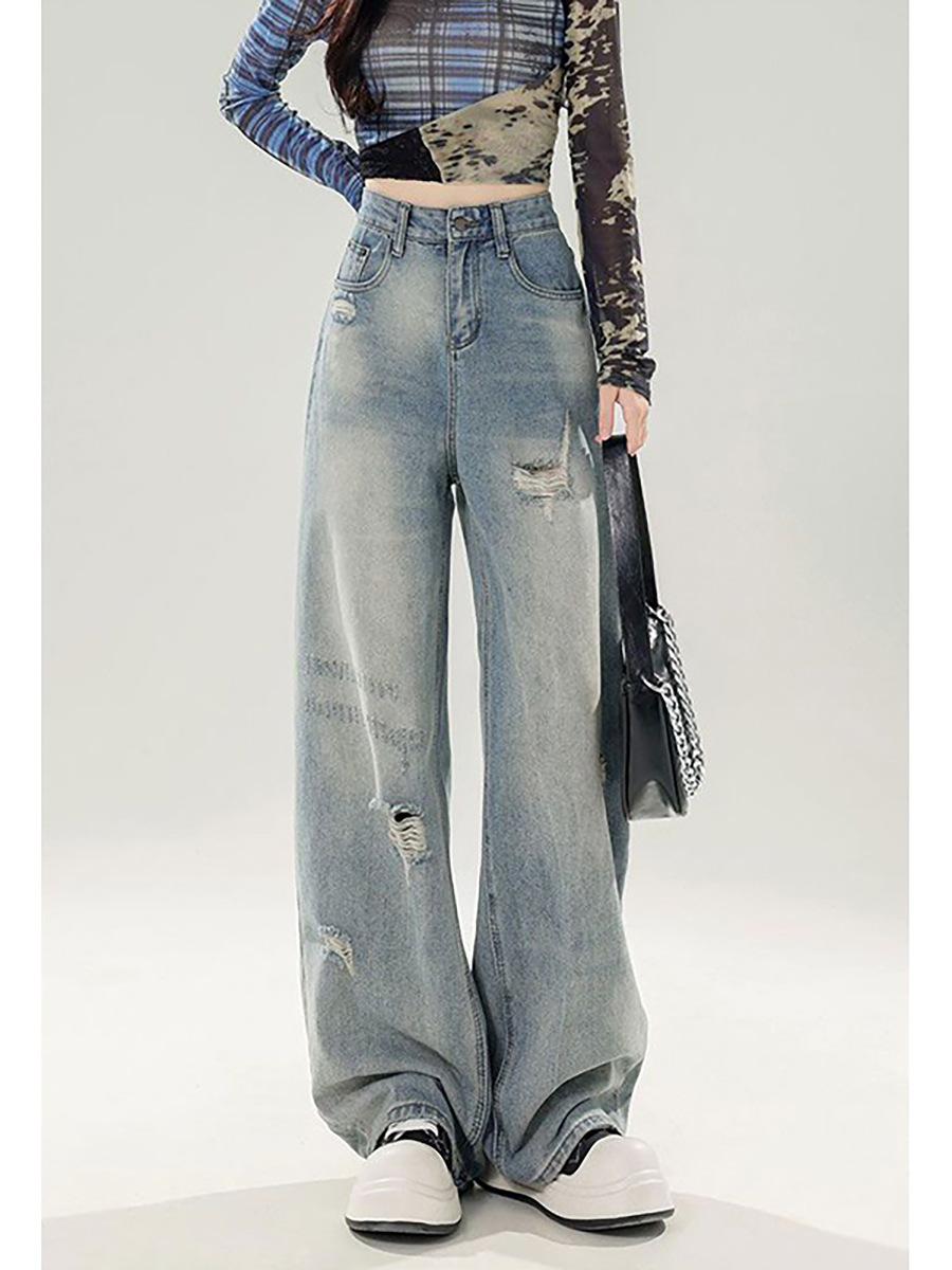 American retro ripped jeans for women, summer style, petite, straight leg, loose fit, floor-length wide-leg pants