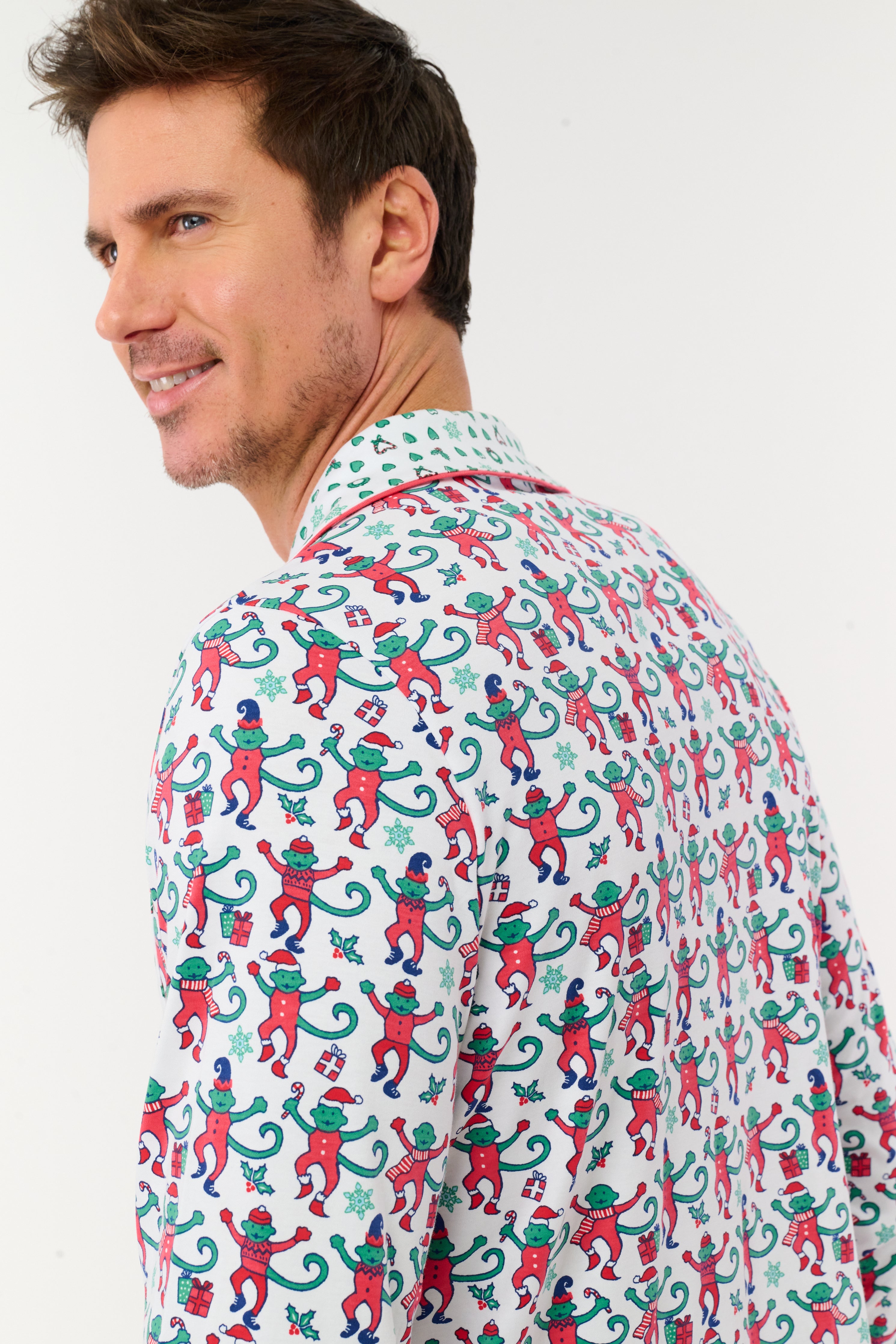 Mens Monkey Mas Patchwork Long Sleeve Polo Pajamas