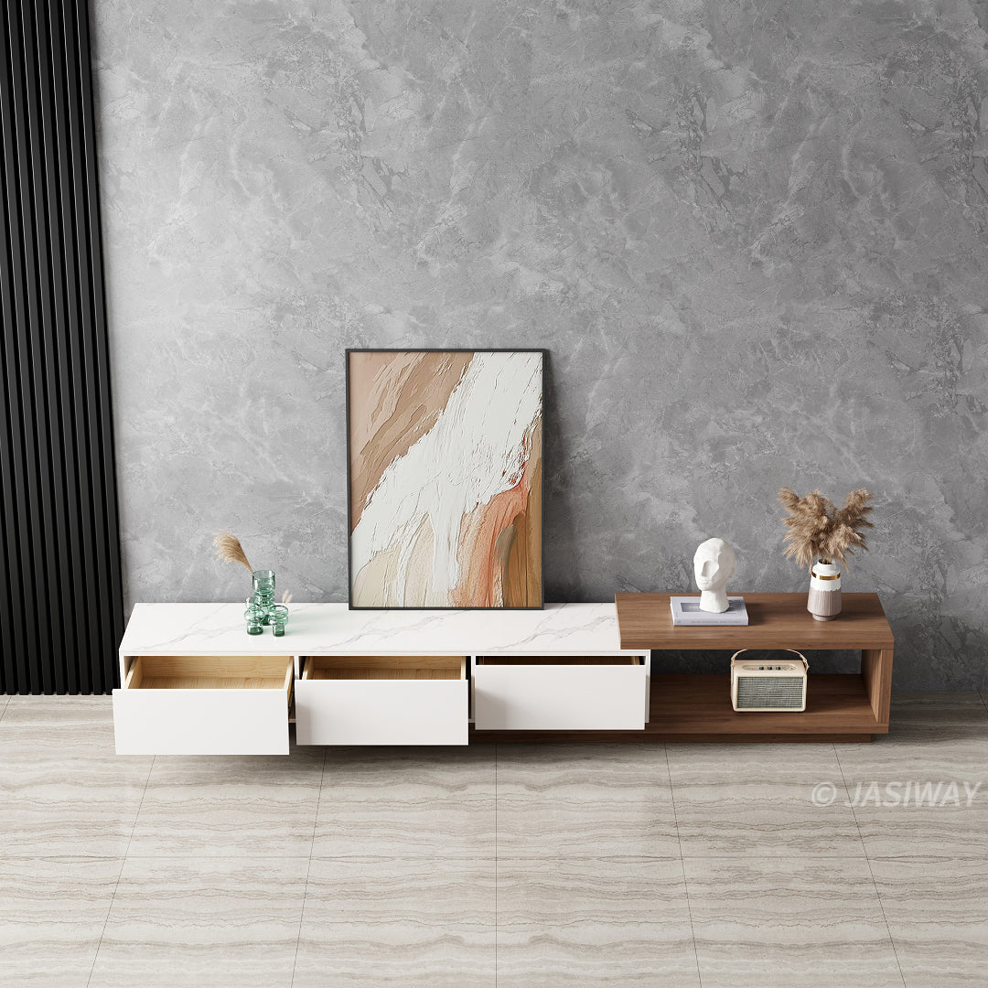NÓVORA CASA Extensible Mueble para TV con Almacenamiento cajones| Ajustable multimedia consola con Mármol sintético superior para Sala