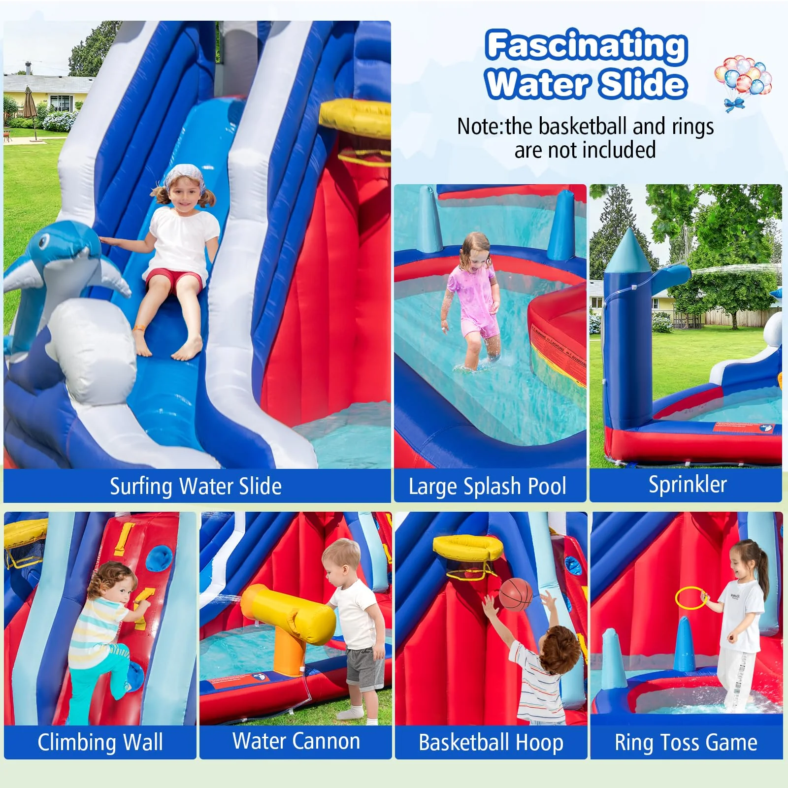 BOUNTECH Inflatable Water Slide, Dolphin Themed Kids Waterslide Park for Outdoor Fun