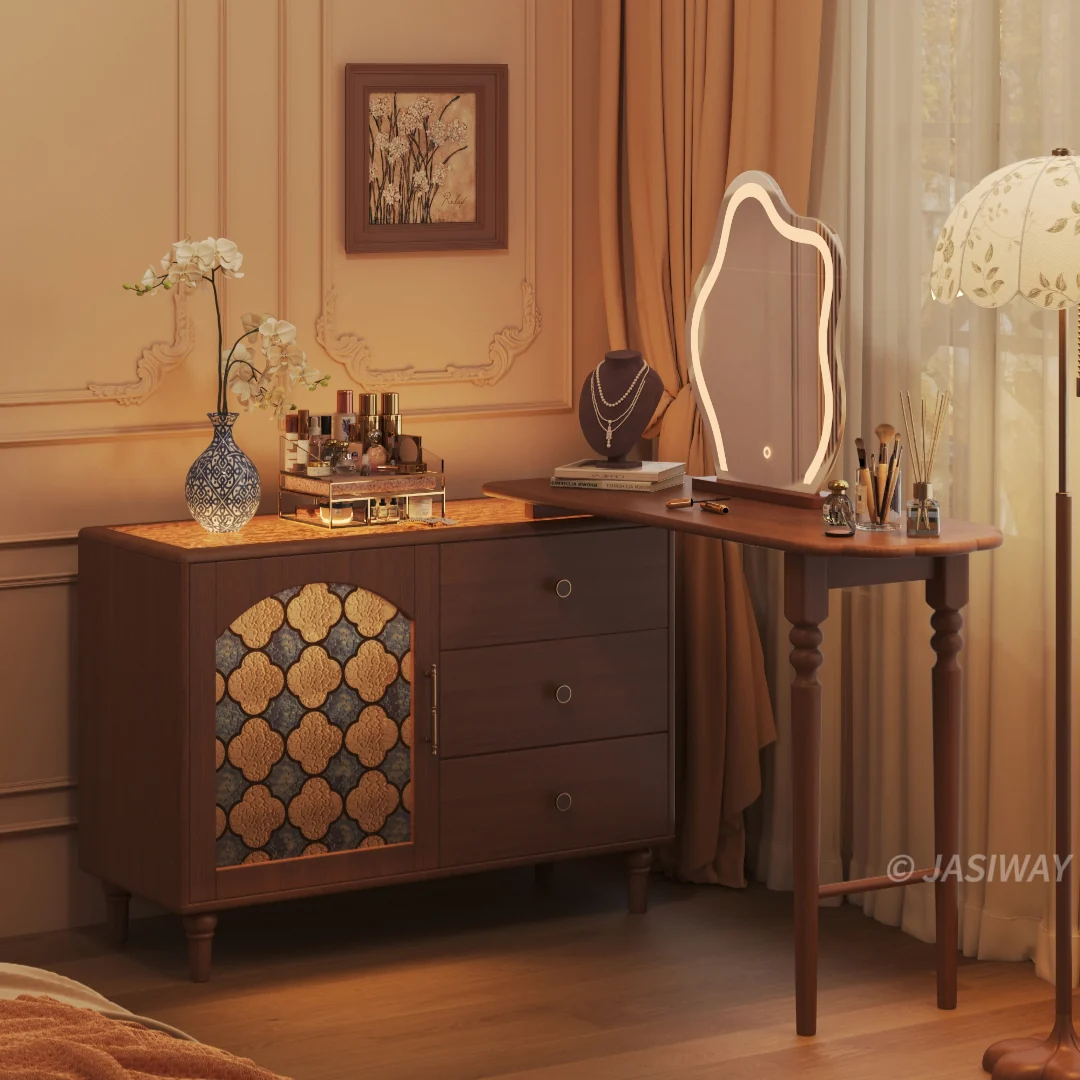 NÓVORA CASA mediados siglo Moderno Extensible tocador escritorio con espejo| Madera maciza maquillaje tocador mesa con cajones & vidrio Gabinete de almacenamiento