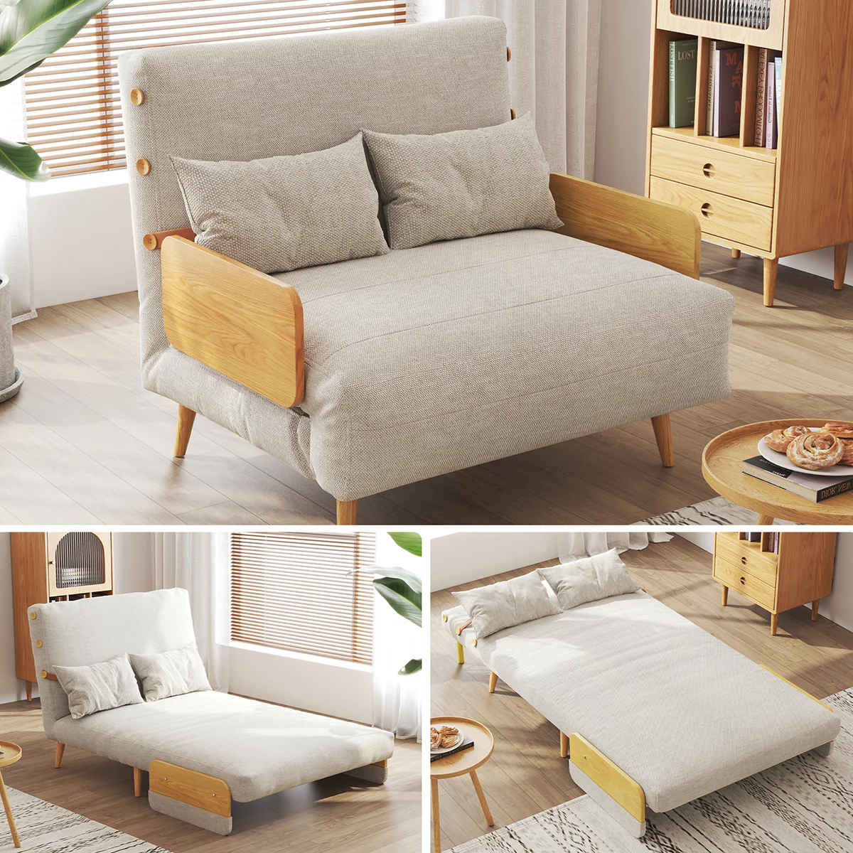 NÓVORA CASA mediados siglo Moderno Verde Sofá cama transformable para pequeño espacios| individual cama sofá con madera brazos