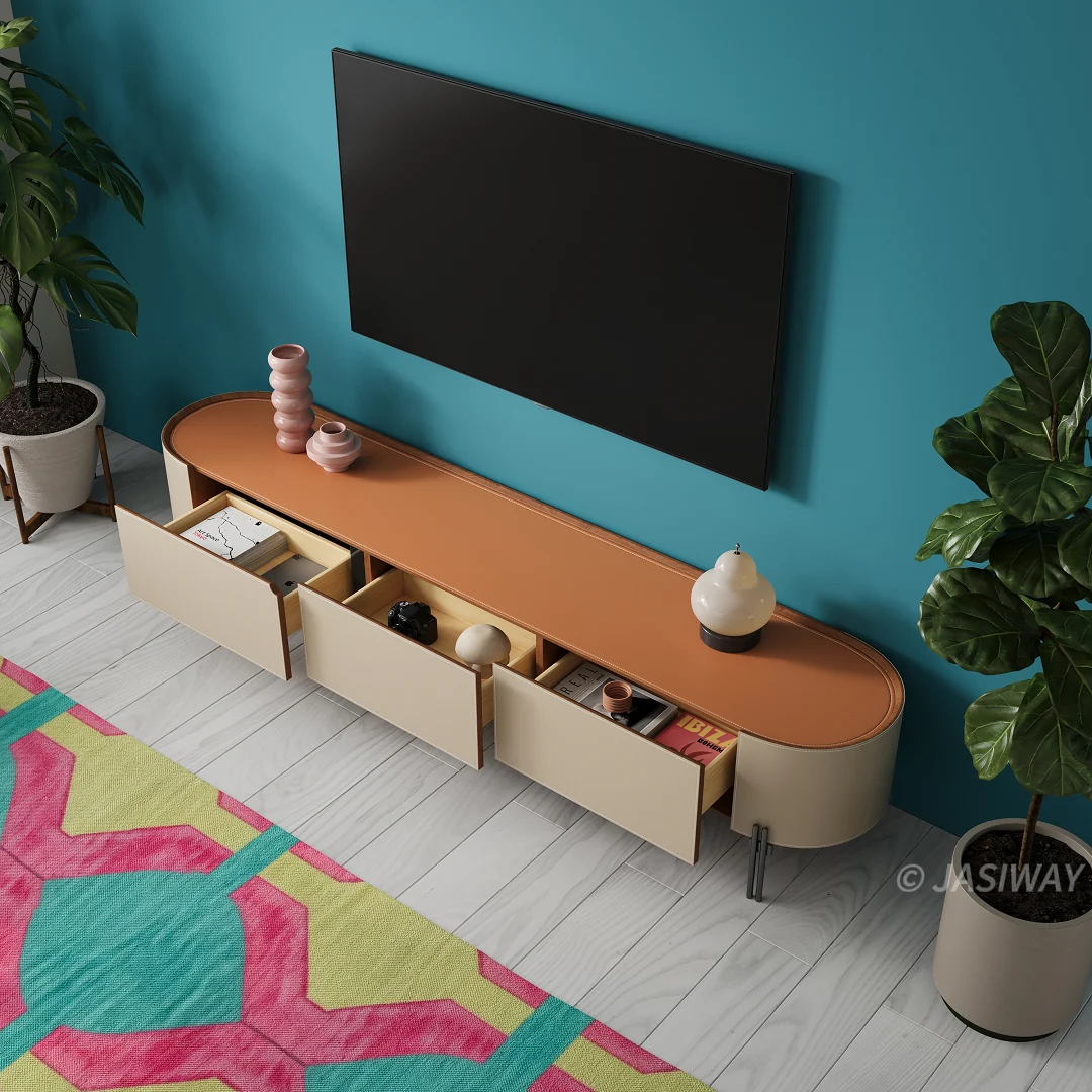 NÓVORA CASA piel Mueble para TV con 3 cajones| Curvo Madera maciza multimedia consola