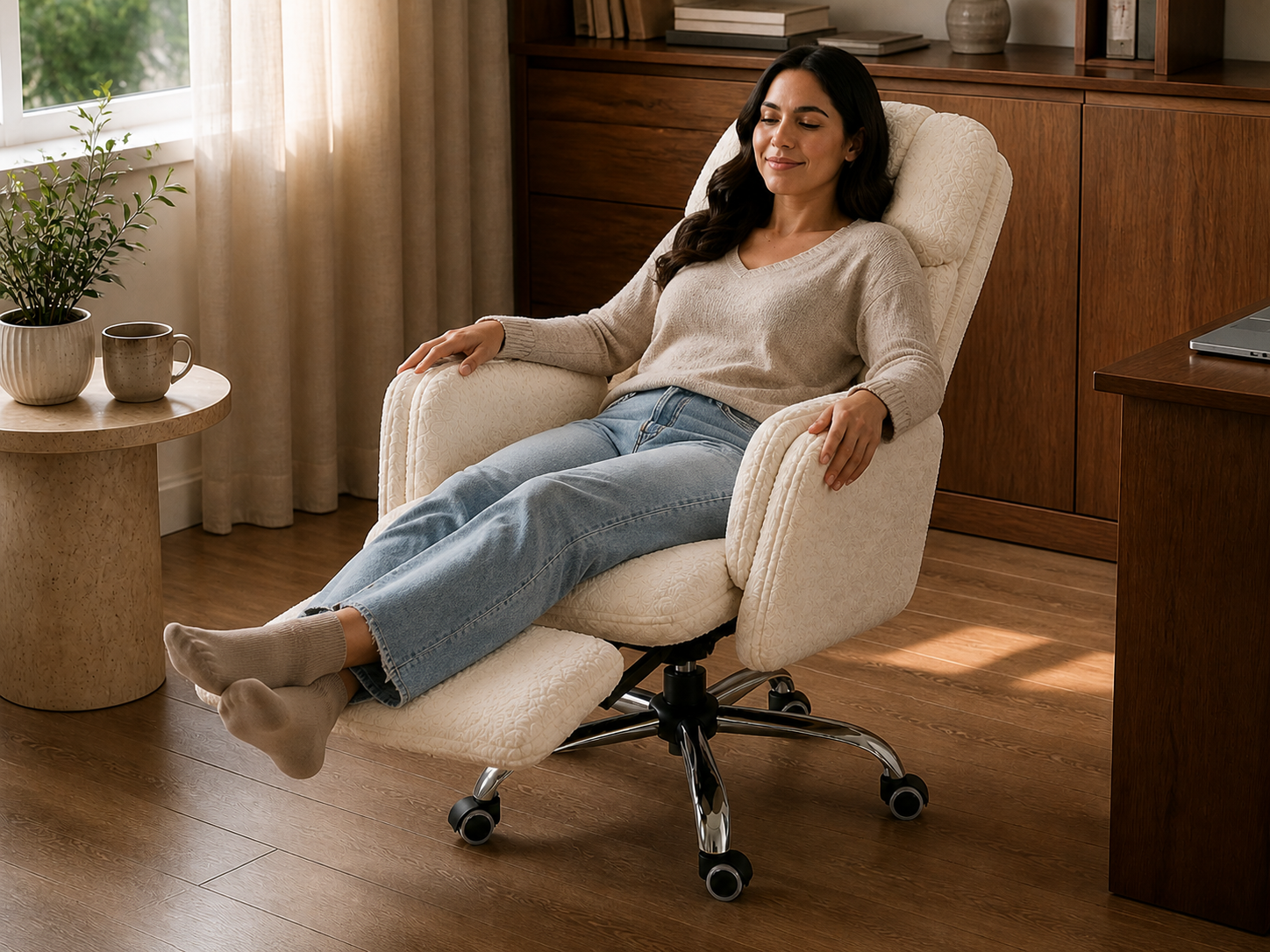 Vista frontal cálida del Sillón Nube 360 Esencial en uso con reposapiés extendido