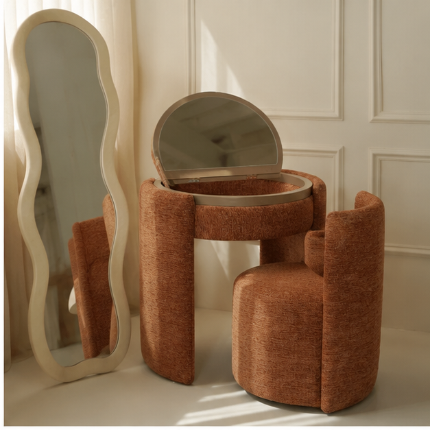 LunaNest™ | Tocador compacto tapizado con espejo y silla
