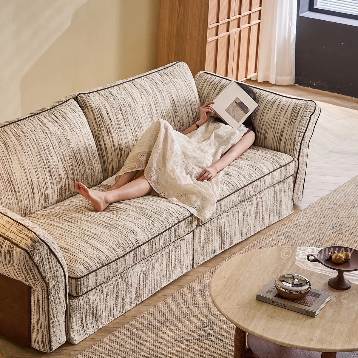 NÓVORA CASA Japandi Crema tela sofá con completamente Desmontable & lavable fundas