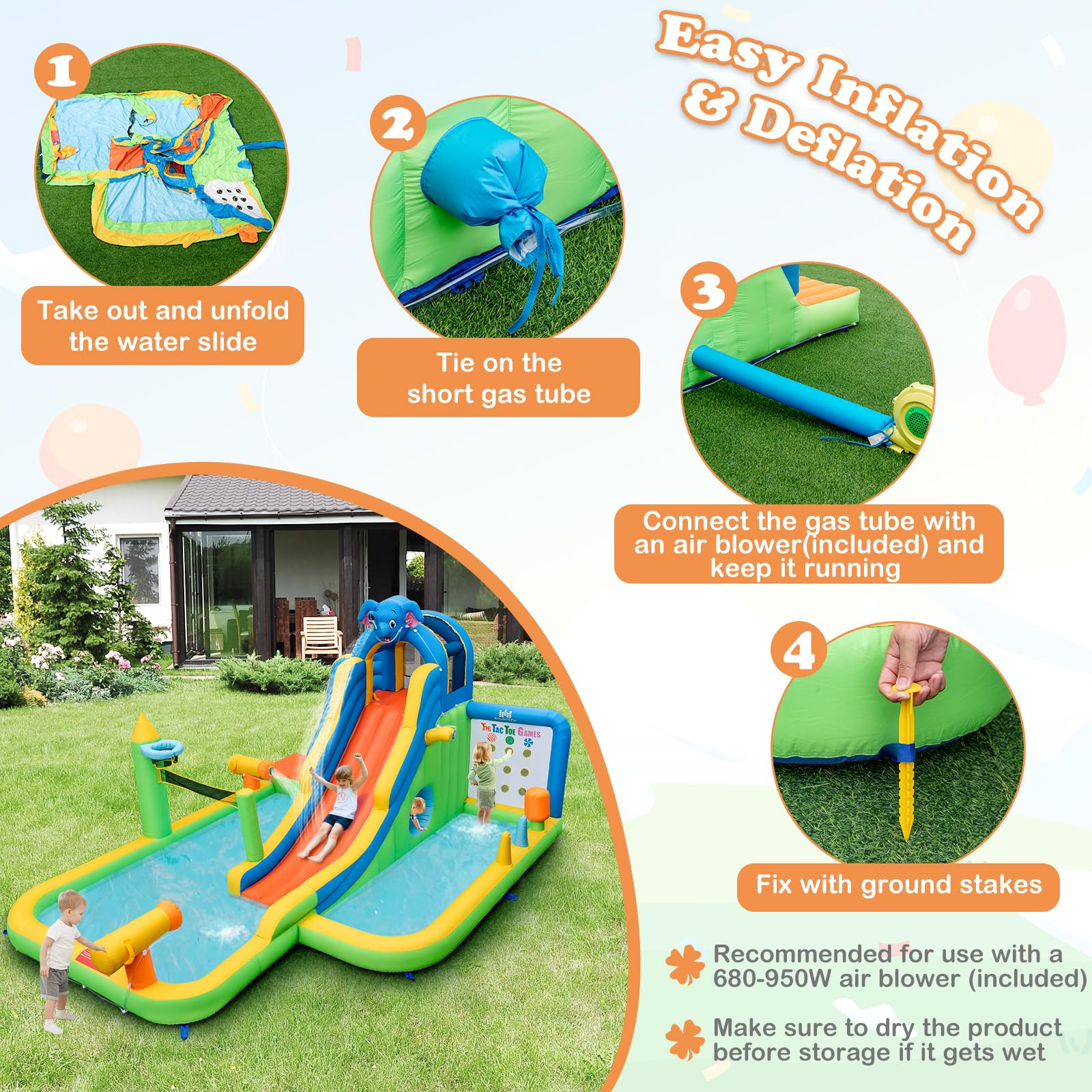 BOUNTECH Inflatable Water Slide Park, Kids Waterslide for Outdoor with Splash Pool
