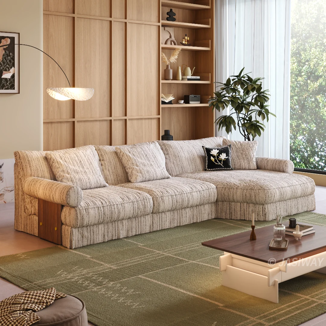 JASIWAY texturizado lino mezcla sofá– Minimalista Crema Blanco Tapizado sofá con Madera maciza detalle| cómodo Sala asiento