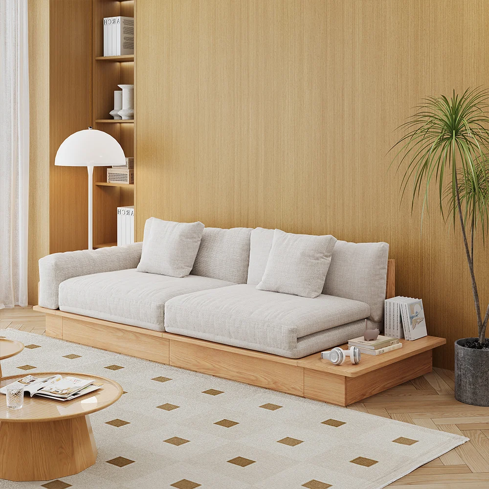 NÓVORA CASA piso plataforma madera estructura Sofá cama– de doble cara reposabrazos, pana o lino mezcla tapizado