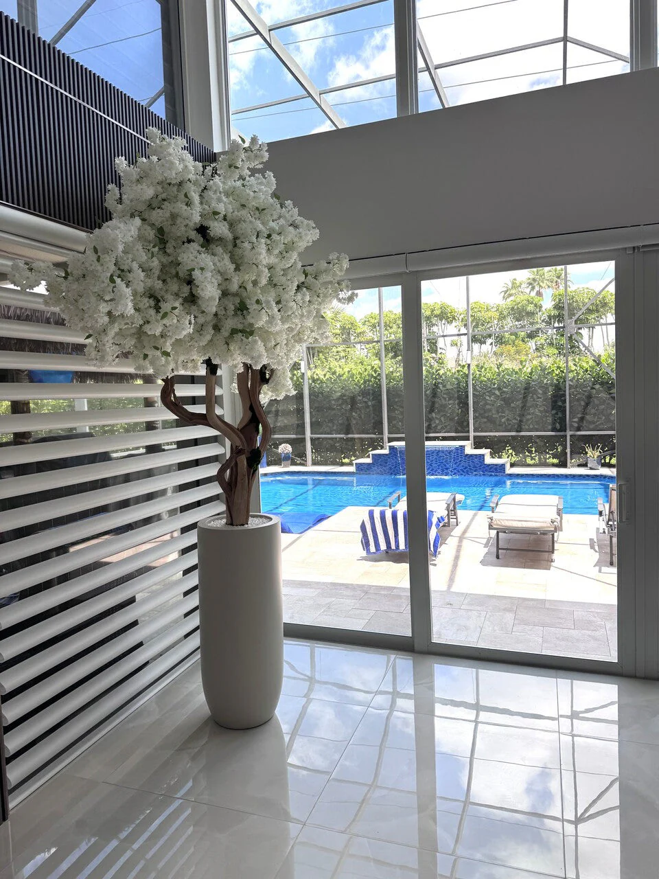 Matte Beige St. Tropez Planter with Custom Made White Cherry Blossom Tree