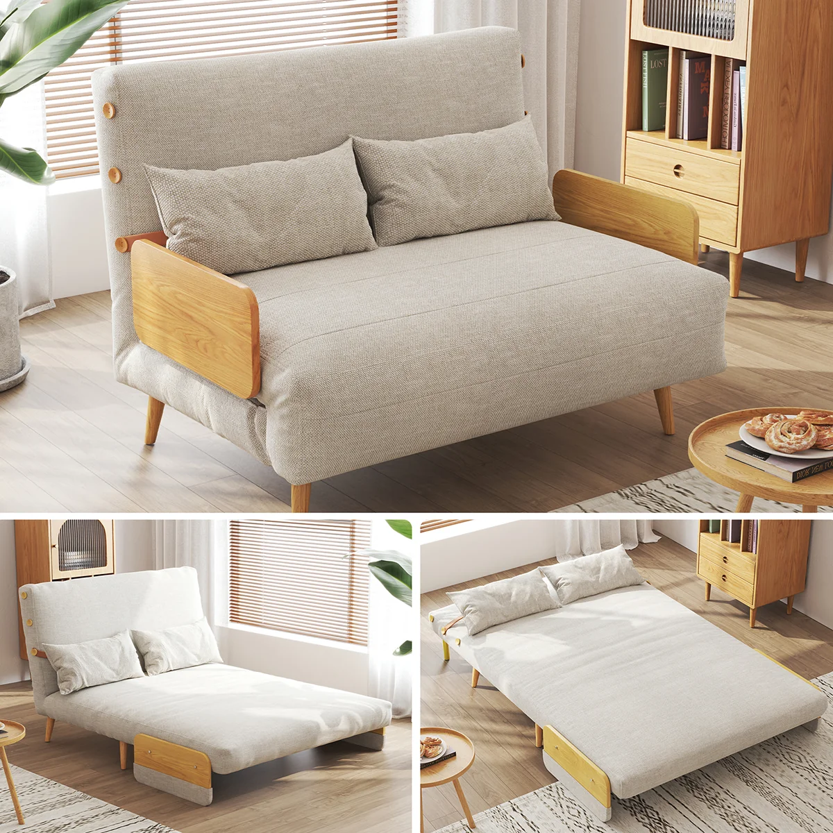 NÓVORA CASA mediados siglo Moderno Verde Sofá cama transformable para pequeño espacios| individual cama sofá con madera brazos