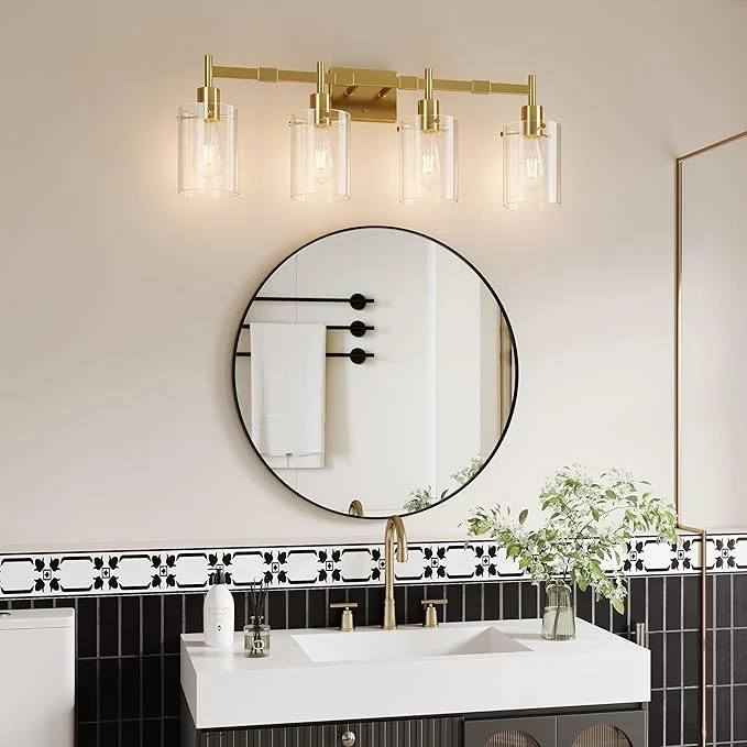Baño lámpara luminarias grande tamaño,3-lámpara Negro y dorado Baño tocador lámparas,Moderno campirano,para tocador lámpara luminarias sobre espejo,para pared lámparas de pared recámaras pasillos baños,transparente vidrio pantalla