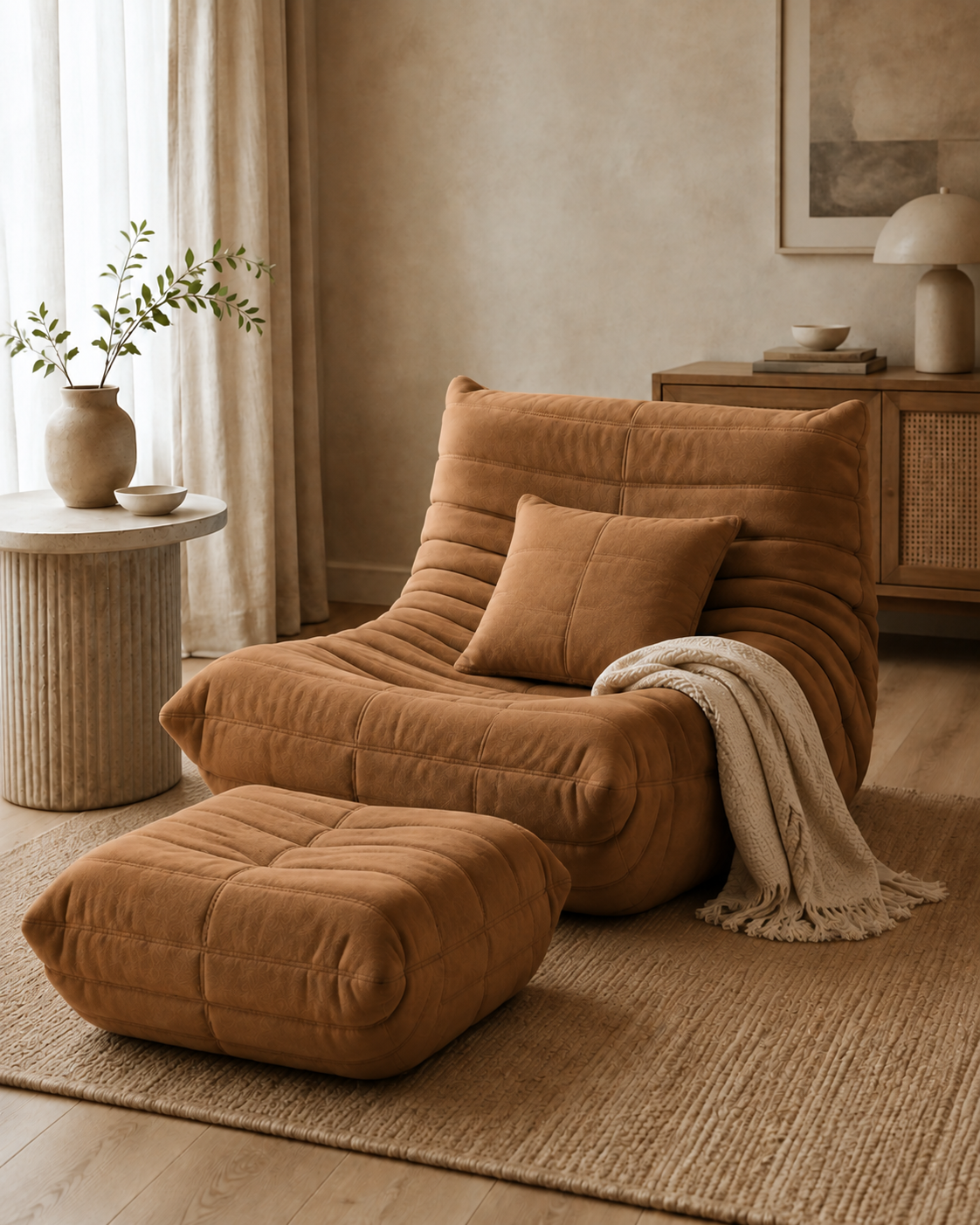 Más vendido | Sillón + reposapiés + cojín + manta — Caramelo