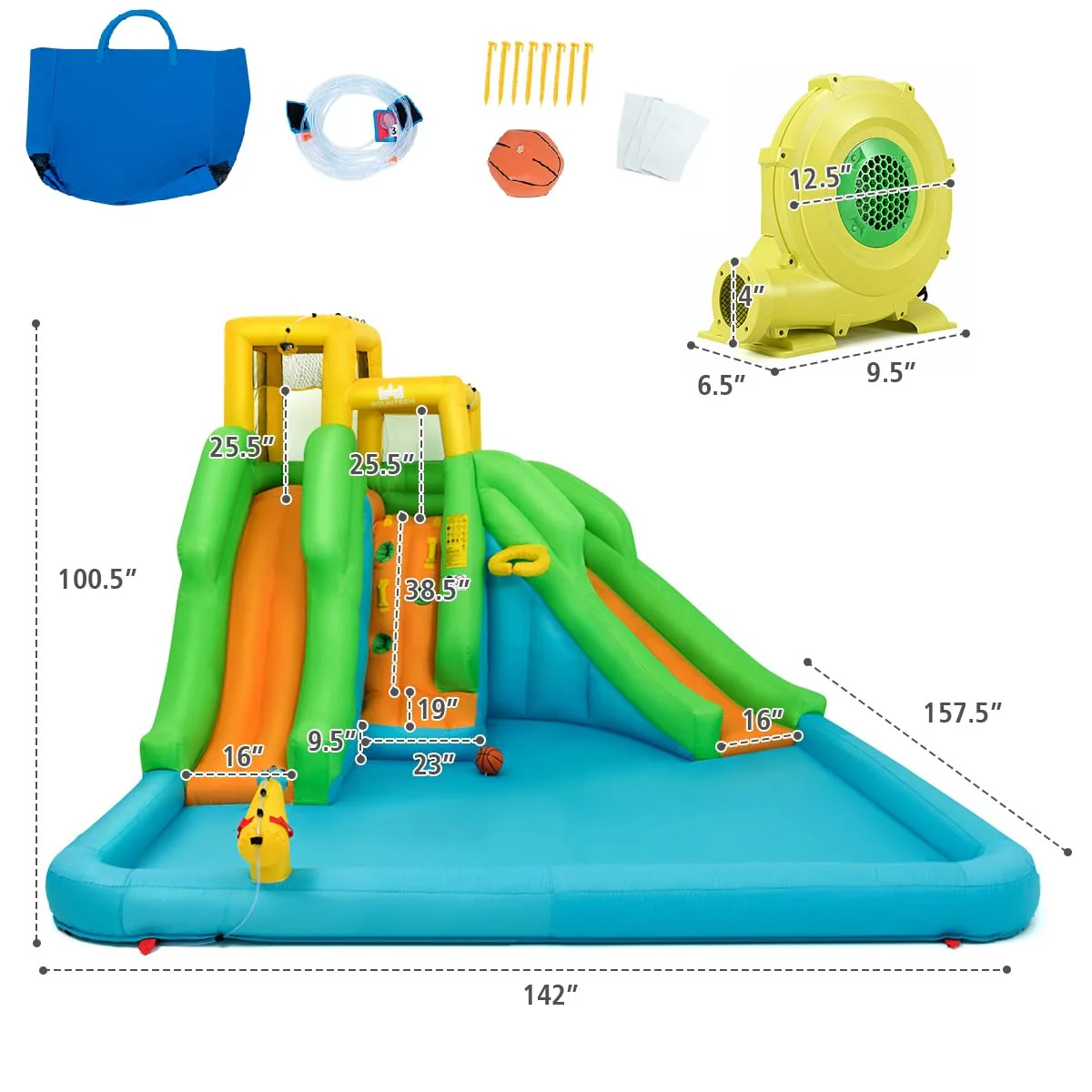 BOUNTECH Inflatable Water Slide, 6 in 1 Kids Waterslide Park for Outdoor w/Blower, Dual Slides for Racing Fun