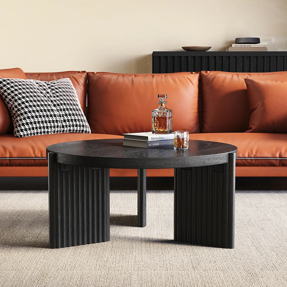 NÓVORA CASA Negro Redondo acanalado Mesa de centro| Moderno MDF decorativo mesa