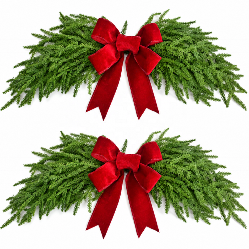 Christmas Door Swag Cedar Velvet Bow Decoration – 25.6 Inch