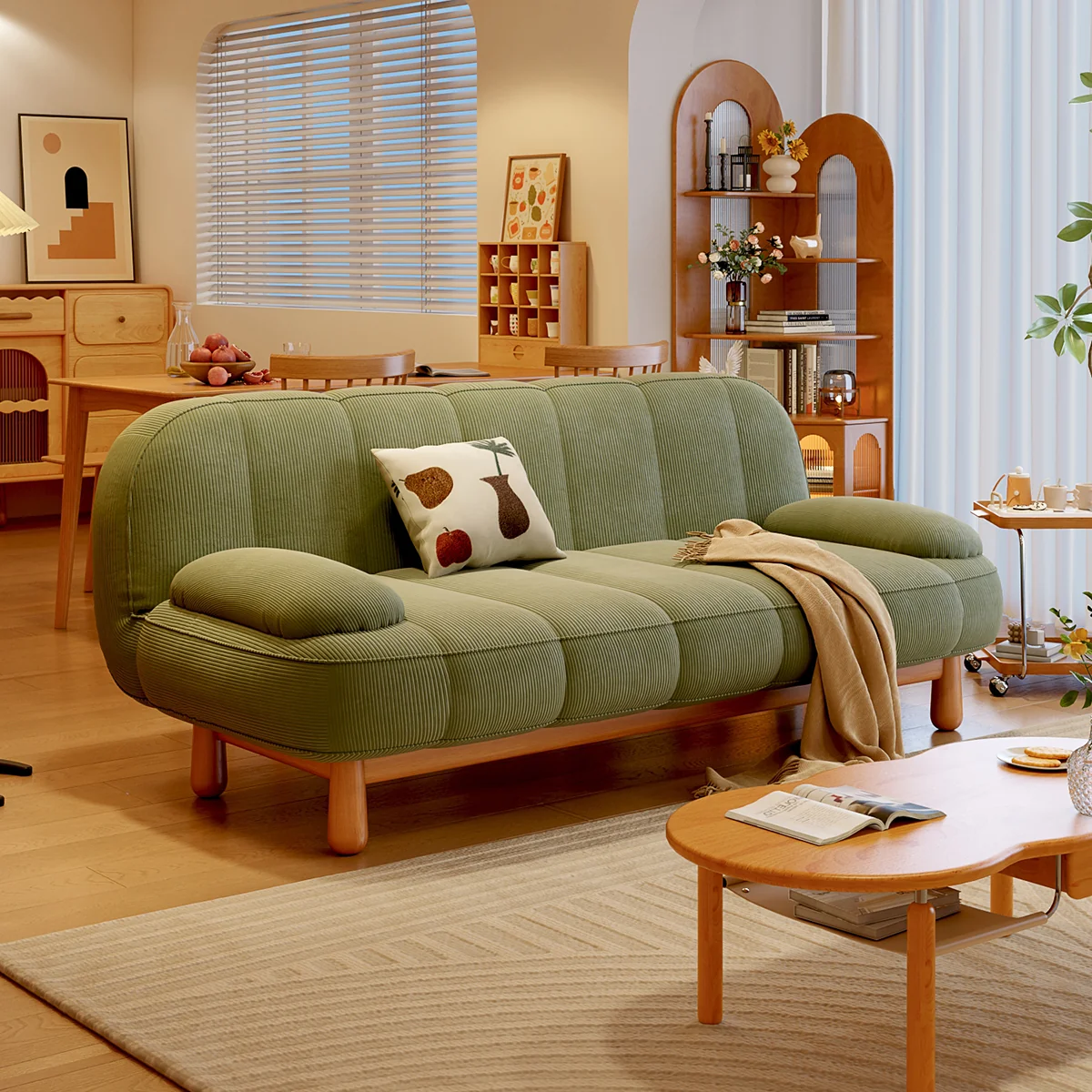 NÓVORA CASA Japandi sofá de dos plazas plegable Sofá cama en Crema Blanco & Verde pana tela
