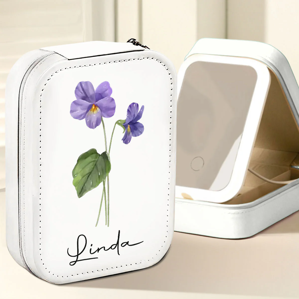 Birth Month Flower Version 2 - Personalized Custom Jewelry Box With LED Mirror