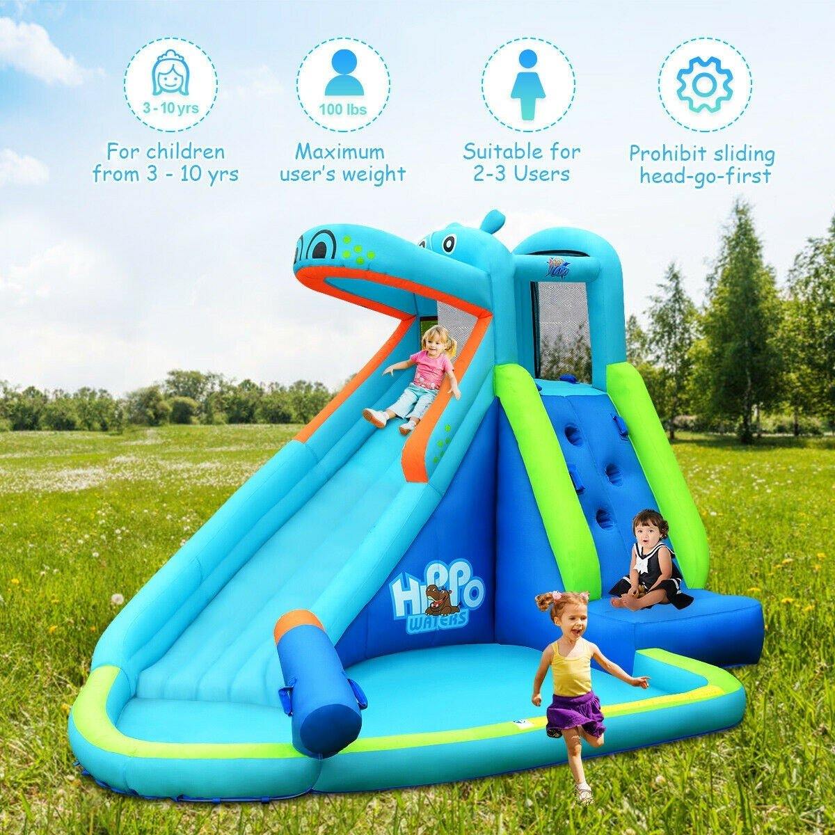 BOUNTECH Inflatable Water Slide, Hippo Themed Kids Waterslide Park for Outdoor w/Long Slide