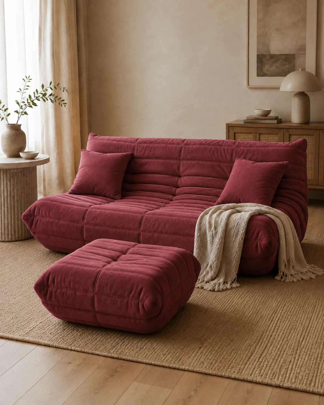 Casa completa | Sofá doble + reposapiés + 2 cojines + manta — Rojo vino