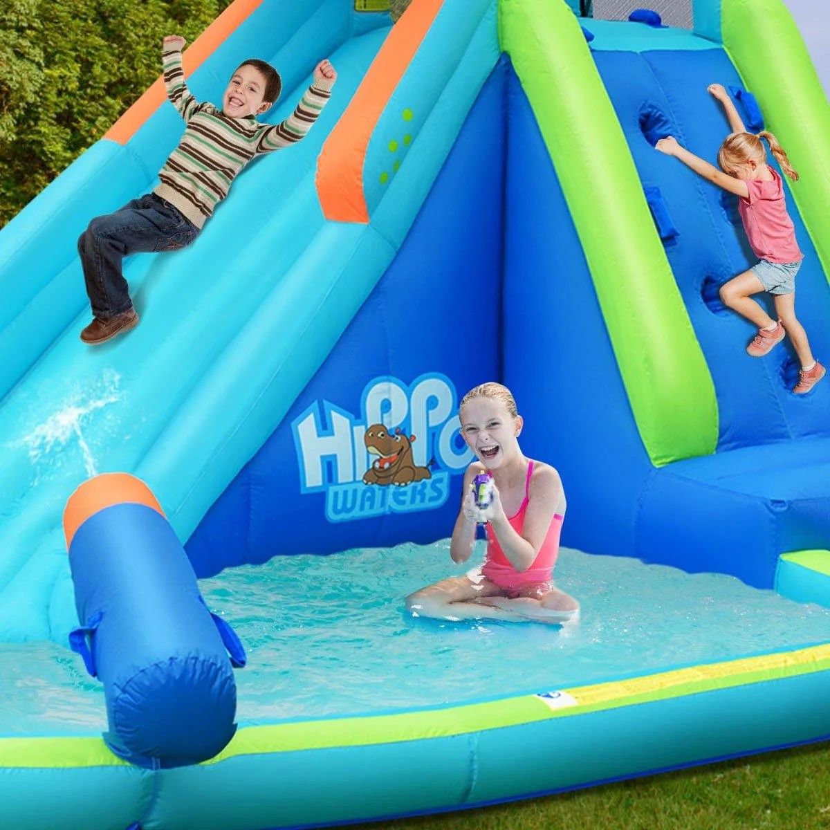 BOUNTECH Inflatable Water Slide, Hippo Themed Kids Waterslide Park for Outdoor w/Long Slide & Splash Pool