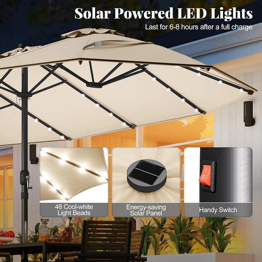 Sombrilla solar de 4,5/4 m con base, sombrilla doble extragrande para exteriores con 36 luces LED y manivela, perfecta para jardines, patios, piscinas y cobertizos exteriores.