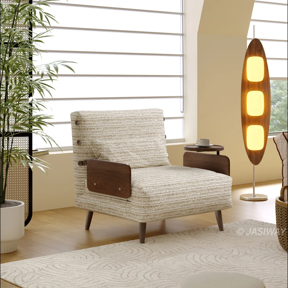 3-en-1 texturizado Bouclé cama sillón con madera brazos| táctil descanso