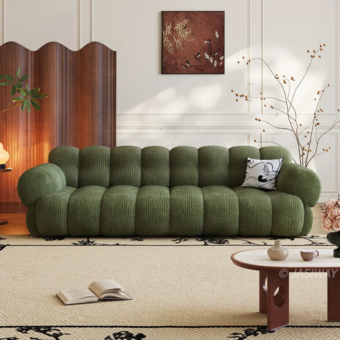 NÓVORA CASA modulable burbuja sofá en Chenilla & terciopelo| mediados siglo Moderno nube sofá- retro malvavisco sofá en musgo Verde, bosque, ámbar & almendra Crema