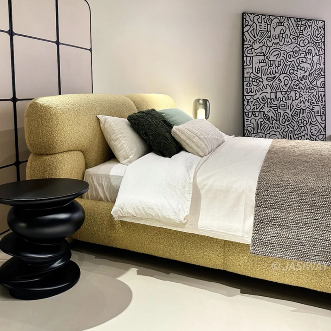 RINGCHEN Bouclé Tapizado Cama con plataforma estructura| Moderno Curvo bajo perfil cama, queen/king