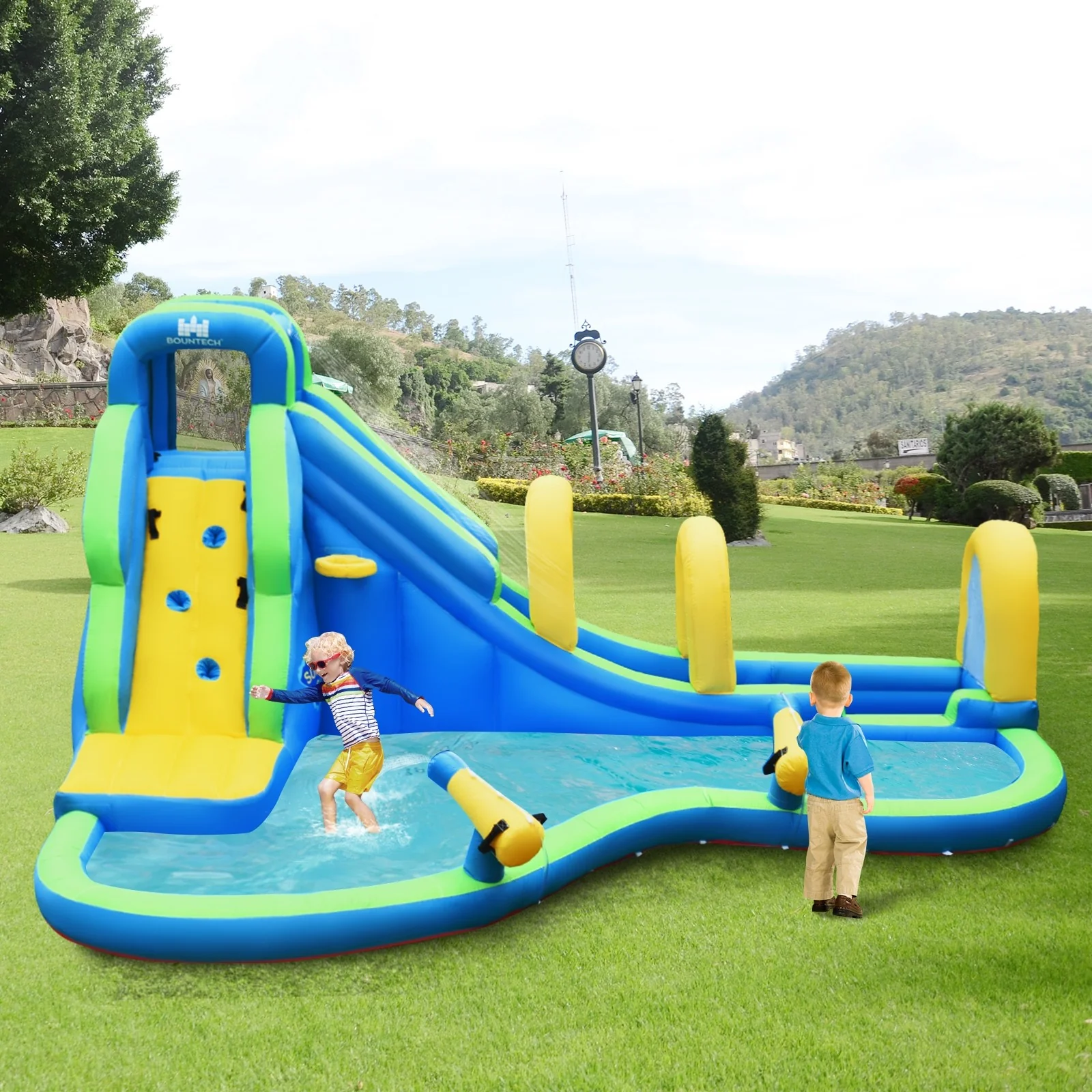 BOUNTECH Inflatable Water Slide, 16x12FT Mega Waterslide Park for Kids Backyard w/Adventure Long Slide, Splash Pool