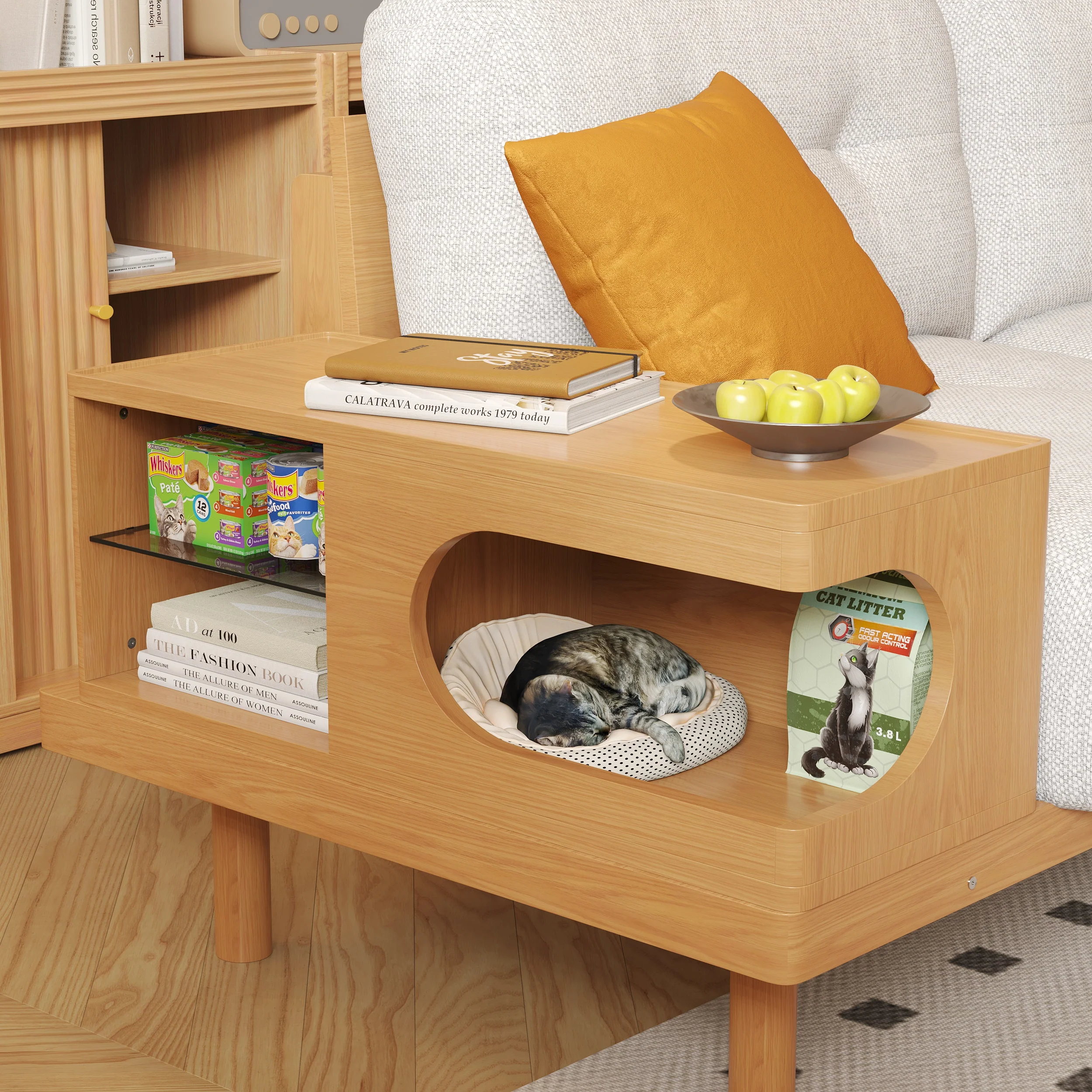 NÓVORA CASA Japandi de madera soporte sofá con integrado gato estudio