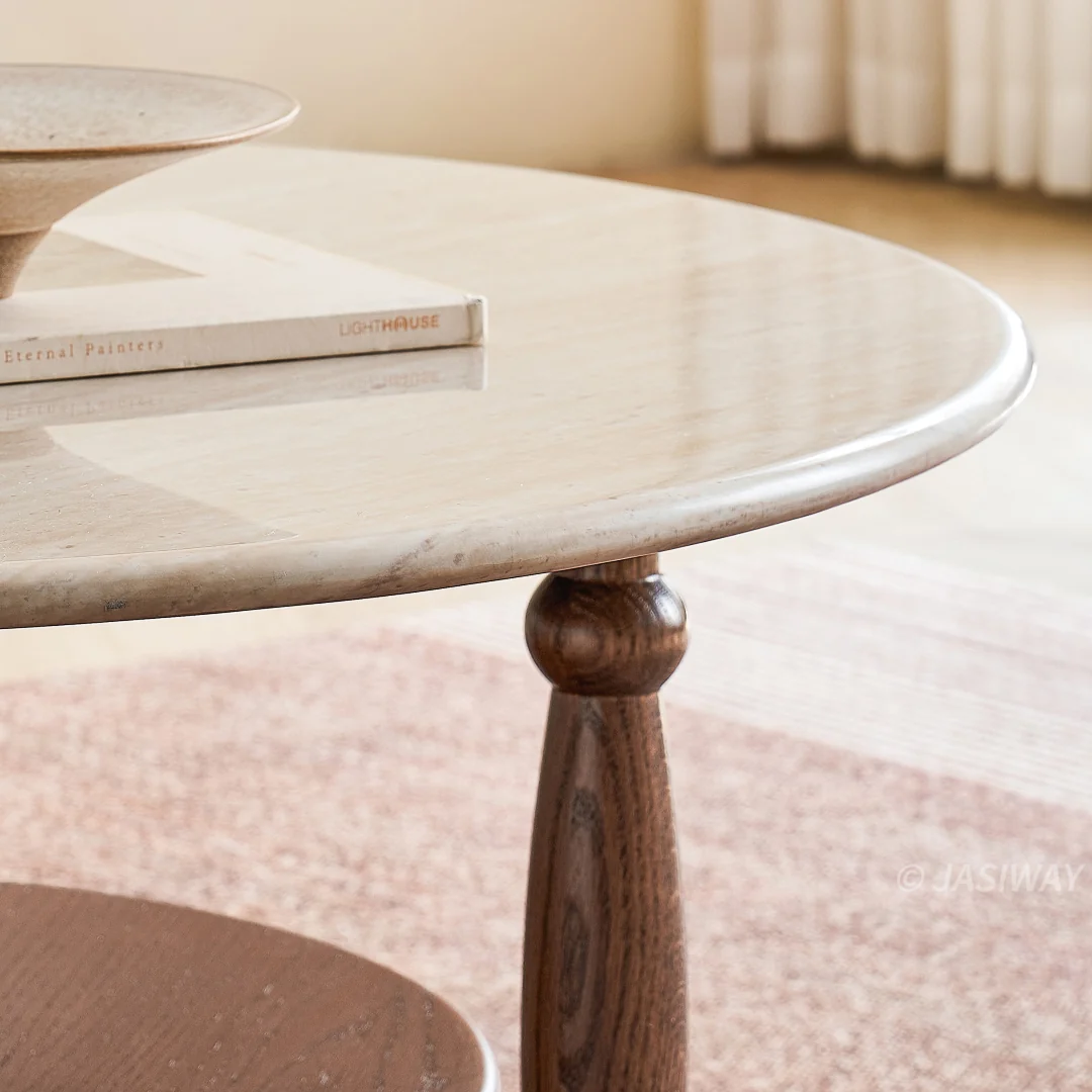 NÓVORA CASA Mármol sintético Redondo Mesa de centro con Almacenamiento repisa| mediados siglo Moderno 2-niveles Mesa de centro con Madera maciza soporte (31.5