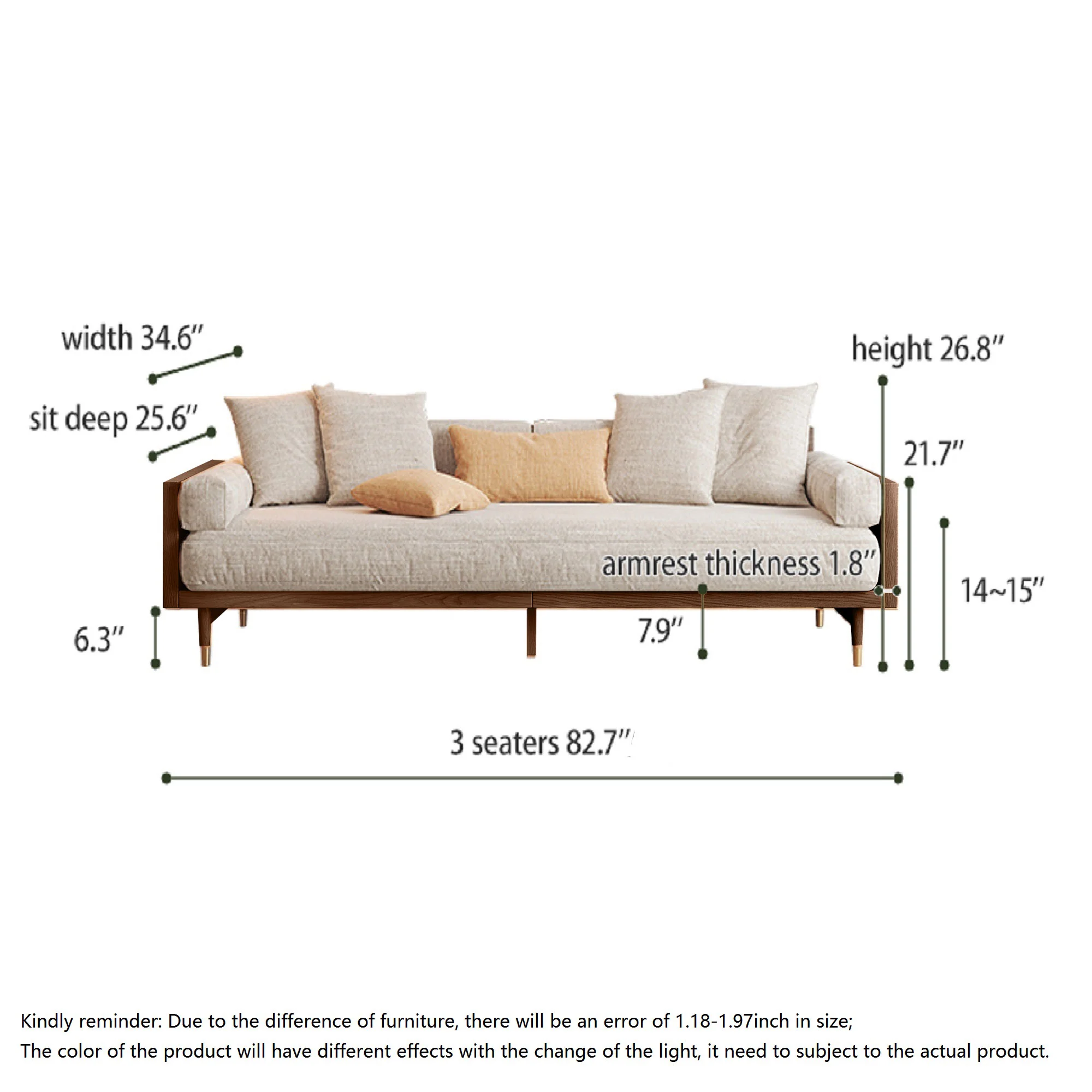 NÓVORA CASA Beige 3-asiento Tapizado lino tela sofá con Madera maciza estructura para Sala