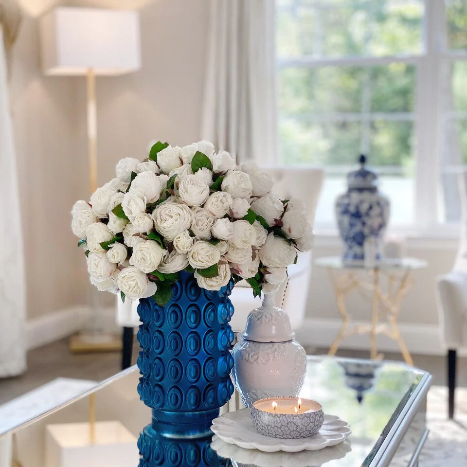 English White Roses in Blue Textured Vase